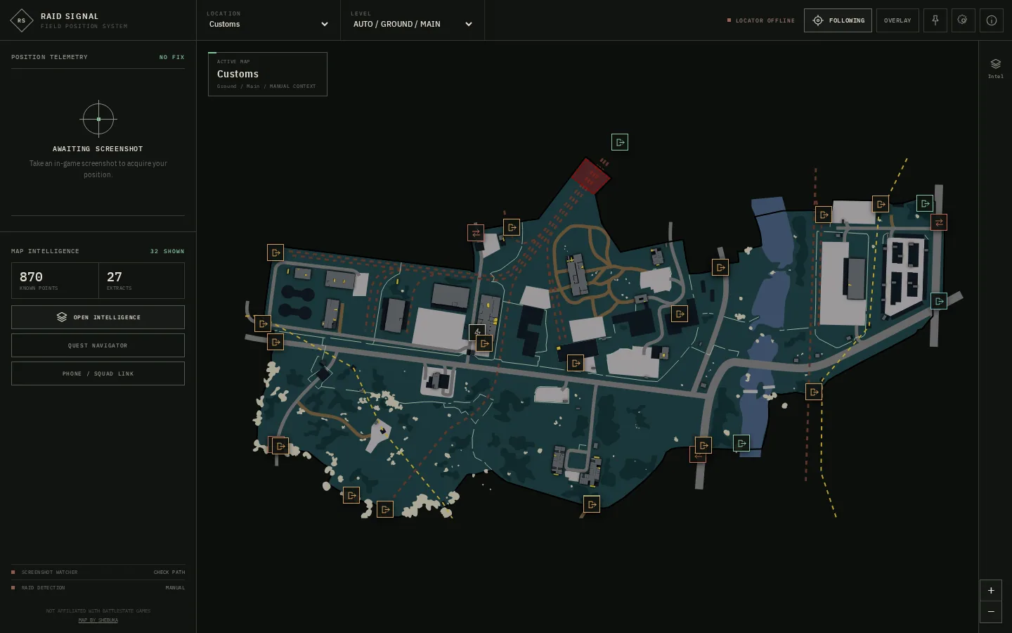 Raid Signal Windows desktop showing the Customs map, extraction points, and position telemetry