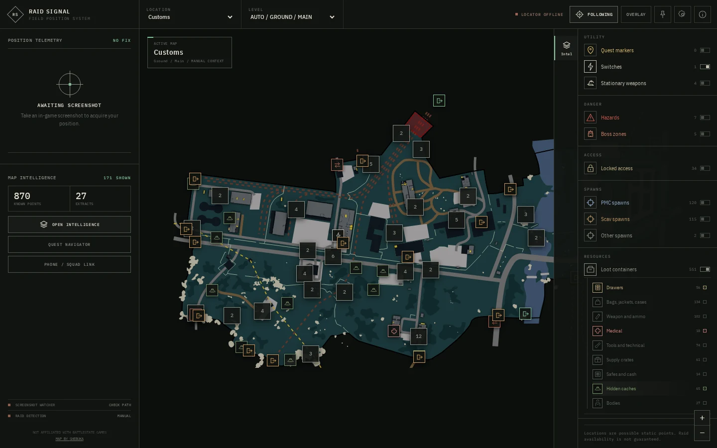 Raid Signal v1.2.0 loot-container filters on Customs
